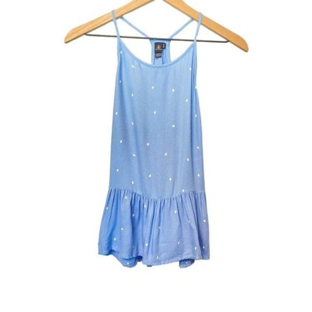 Volcom Small S Light Blue Tank White Polka Dot Peplum Ruffle Top